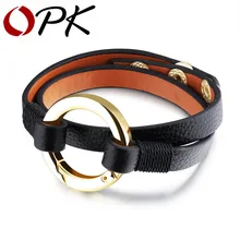 Opk de doble capa de pulsera de cuero de vaca para las mujeres chapado en oro de alta pulido círculo ajustable sujetador rápido brazalete hd1121