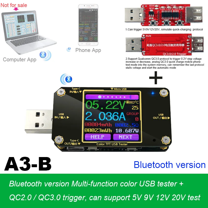 online USB Tipo c tester detector de Monitoramento Sem Fio Bluetooth DC voltímetro Digital medidor de tensão de corrente Carregador QC2.0 Qualcomm 3.0