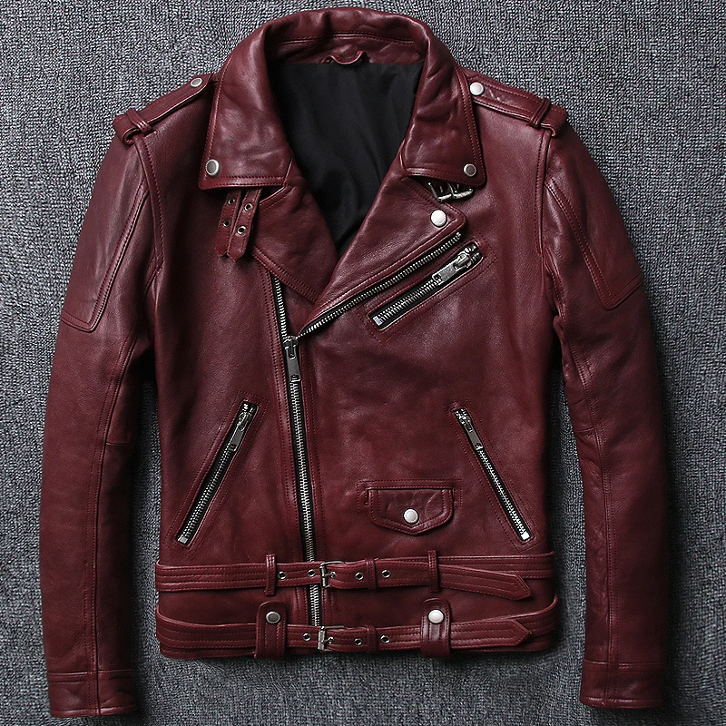 

Men's Genuine Leather Motorcycle Jacket Brand Tanned Vintage Sheepskin Slim Oblique Zipper Biker Jackets Retro Coat DHL free