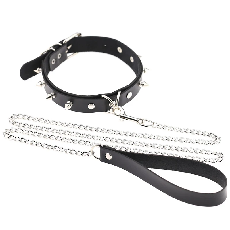 

Special Design Womens Man Bondage Necklace Sexy Rivet Metal PU Leather Collar Traction Rope Neckband For Couple