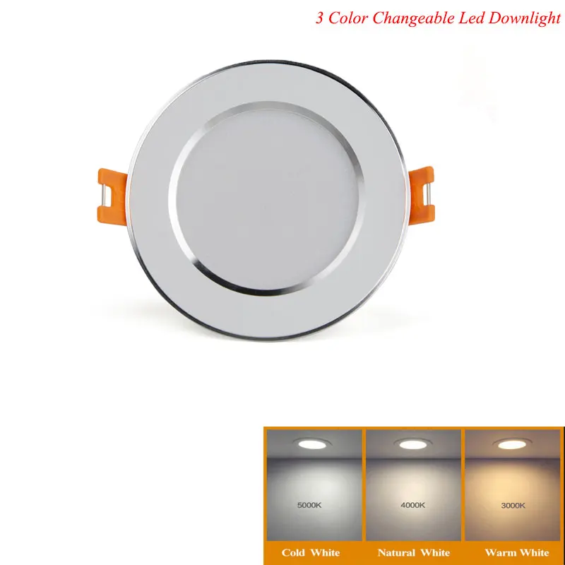

Changeable Led Downlight 5w 7w 9w 12w Ceiling Recessed Light Silver Frame 3 Color Change Warm Nature Cool White AC180-240V