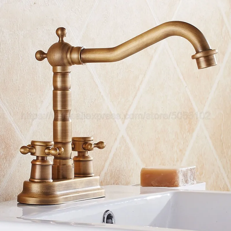 Antique Brass Deck Mount Double Handle Bathroom Faucet Vanity Vessel Sinks Mixer Tap Cold And Hot Water Tap znf426