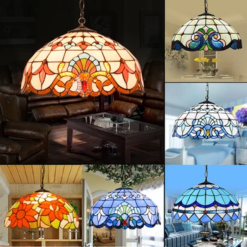 

Tiffany Blue Ceiling Glass Lamps Mediterranean style E27 110-240V Chain Pendant Lights Luminarias