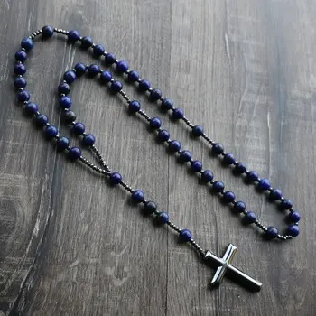 

New Design Lapis Lazuli Natural Stone Beads Men Women Rosary Necklace Hemitate Cross Long Necklace