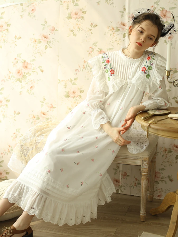 

Spring Summer Original Design Women Romantic French Style Vintage Mori Girls Flower Embroidery Loose Cotton Dresses