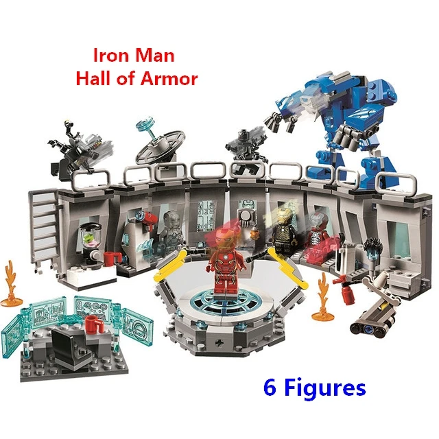 

2019 Marvels Avengers Iron Man Hall of Armor Modular Lab with 6 Marvel endgame Superhero Figures Compatible With Lego 76125