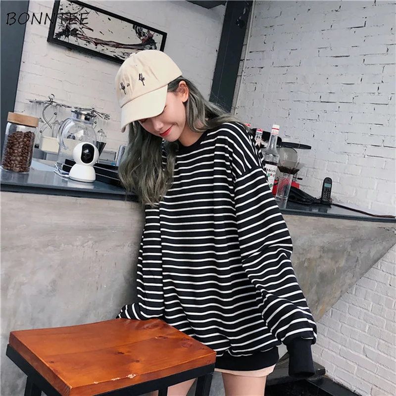 Hoodies Women O-Neck Retro Chic Striped Loose Korean Style Sweatshirt Simple Soft Long Sleeve Pullo
