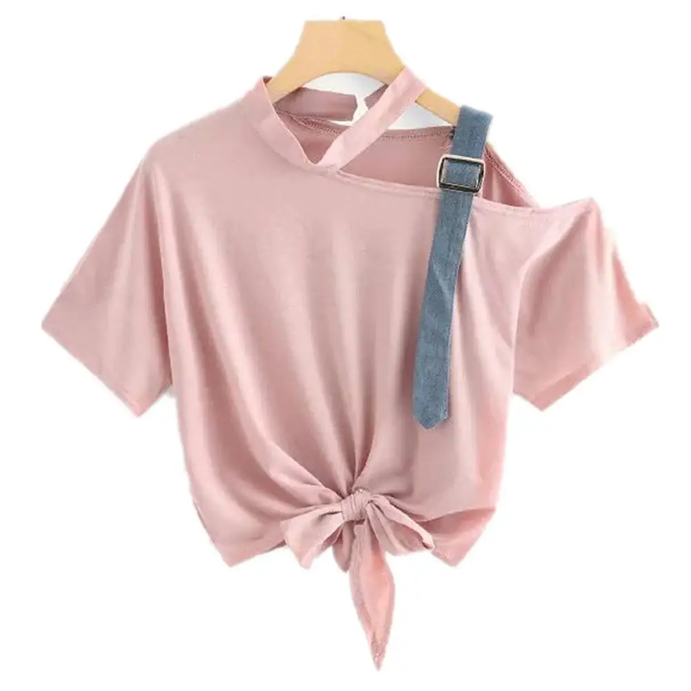 

Yfashion Women T-shirts Fashion Off Single Shoulder Short Tops Women Solid Color T-shirt Fashion Design Tee Shirts Ladies Top