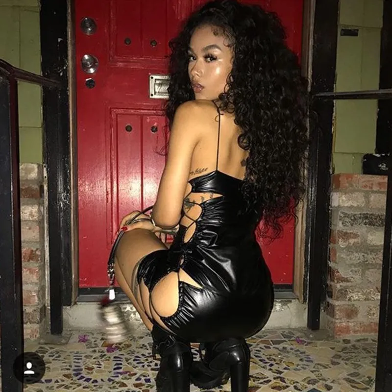 

2019 Black Faux Leather Mini Dress Strap Side Hollow Out Lace Up Bodycon Dresses Night Out Party Sexy Club Dresses