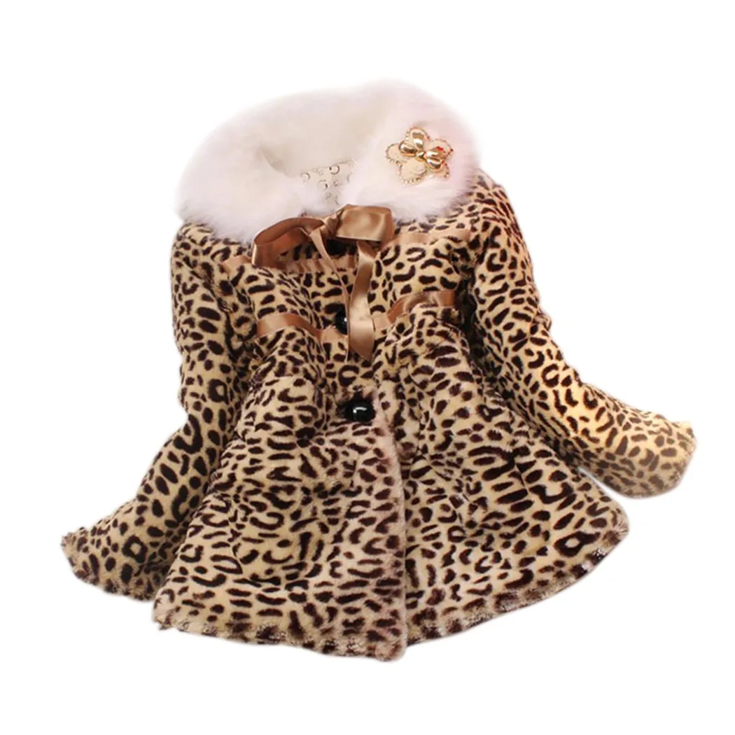 Новое повседневное пальто с леопардовой подкладкой из искусственного меха для маленьких девочек зимняя теплая куртка одежда с длинными рукавами и отложным воротником