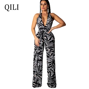 

QILI Sexy Deep V neck Sleeveless Jumpsuits Rompers Leaves Print Straight Wide Leg Loose Jumpsuit New Summer Jumpsuits