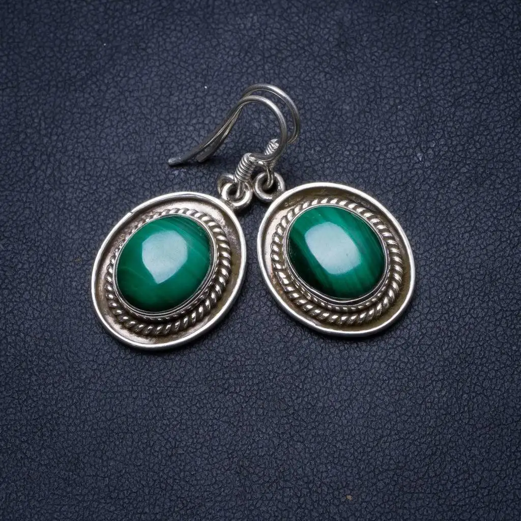 

Natural Malachite Handmade Unique 925 Sterling Silver Earrings 1.25" X3496