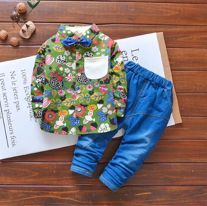 Весенне-осенние комплекты одежды из 2 предметов для мальчиков праздничная одежда с галстуком для малышей Детский Костюм Джентльмена с цветочным рисунком детская повседневная осенняя одежда на 1 год - Цвет: green color