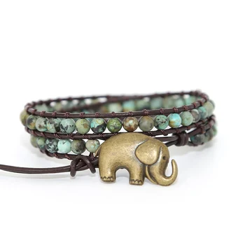 Vintage Elephant button Leather Bracelets natural Stone African turquoises 2 Strands handmade Wrap Bracelets