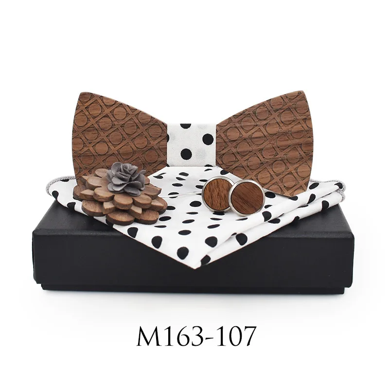 Bowtie Set Элегантная мужская Свадебная вечеринка в горошек резной деревянный галстук-бабочка Запонки Набор платок галстук-бабочка запонки Броши Карманный квадратный - Цвет: Bowtie Set