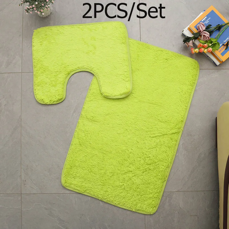 Лохматый Противоскользящий туалетный набор ковриков для ванной коралловый флис абсорбирующий коврик для ванной комнаты стойка для тряпок крышка для унитаза tapis salle de bain - Цвет: 2pcs Green