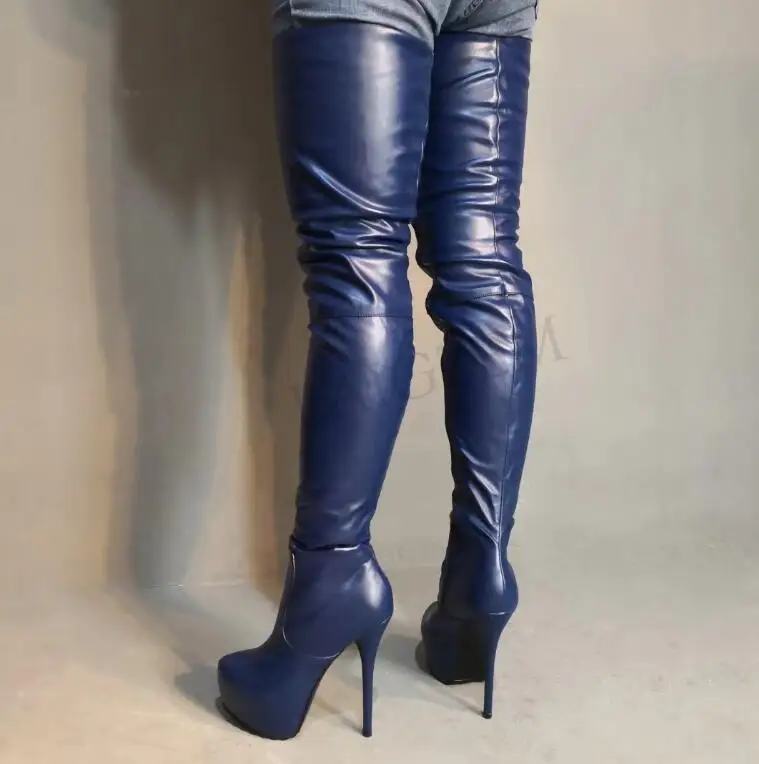 Laigzem женские облегающие высокие сапоги Клубные вечерние высокие сапоги до промежности женская обувь; Female Bota Botines Mujer большой Размер 4-19 - Цвет: LGZ227 Blue
