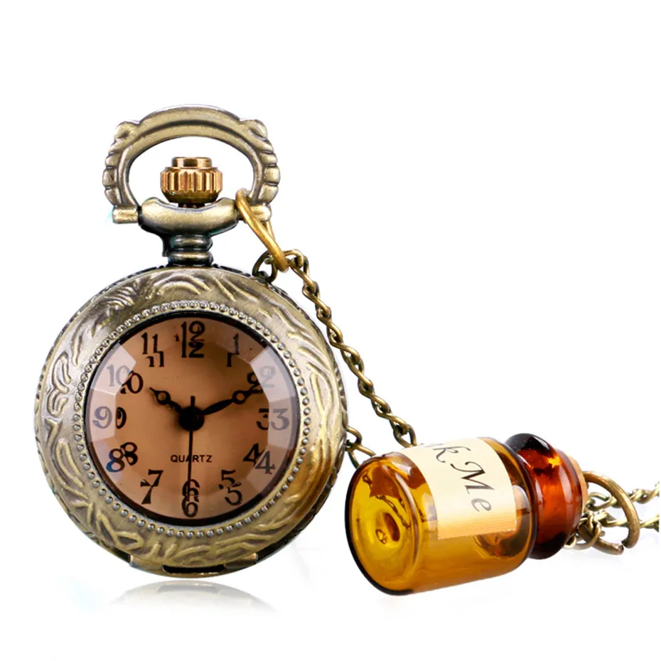 Кварцевый карманные часы винтажные Алиса в стране чудес тема часы Для мужчин Выпей меня для желающих бутылка Для женщин женщина карманные часы Цепочки и ожерелья - Цвет: 1