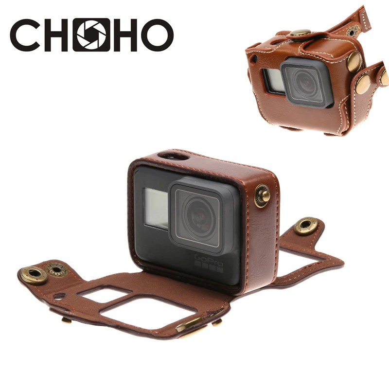 Защитный чехол рамка для Gopro кожаный + длинный Плетеный ремешок открывающаяся