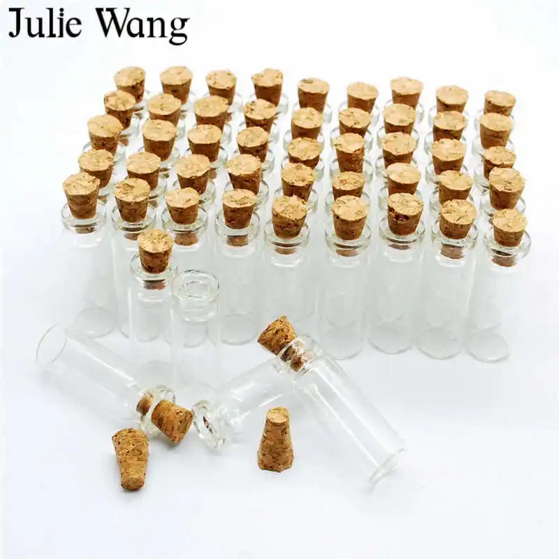 Julie Wang, 10 шт., 1 мл, крошечные прозрачные стеклянные бутылки с пожеланиями, бутылки с крючками, флаконы, контейнеры, пробковые пробки, домашний декор, бутылки для дня рождения