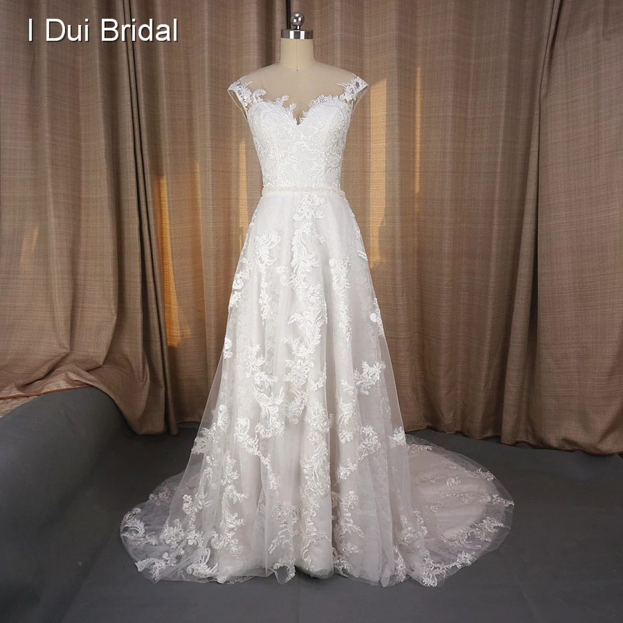 

Cap Sleeve Illusion Nude Tulle Neckline A line Lace Wedding Dresses Real Photo Custom Made New Style Bridal Gown with Pearl Belt