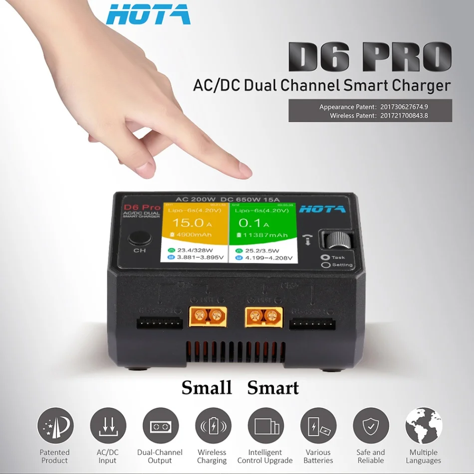

Original HOTA D6 Pro Smart Charger AC200W DC650W 15A 1~6S for Lipo NiMH Battery Phone Wireless Charging RC Models DIY Spare Part