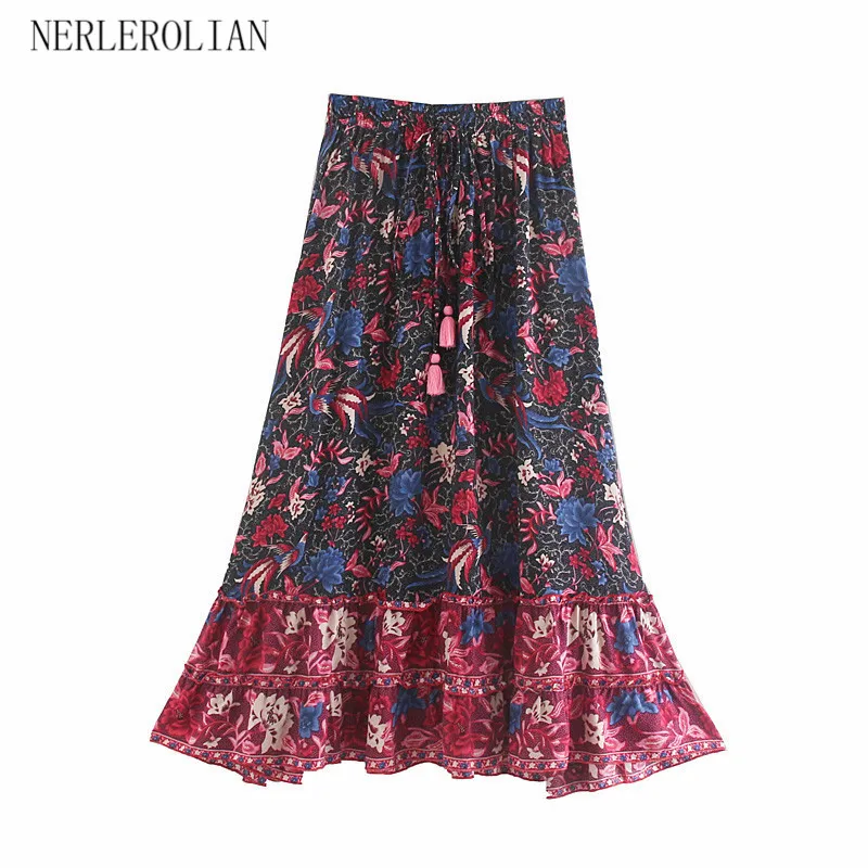 

NERLEROLIAN 2019 summer new European and American style elastic waist tie irregular retro print skirt