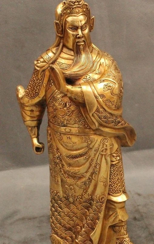 

13" Chinese Folk Brass Stand General Guan Gong Yu Warrior God Statue Sculpture