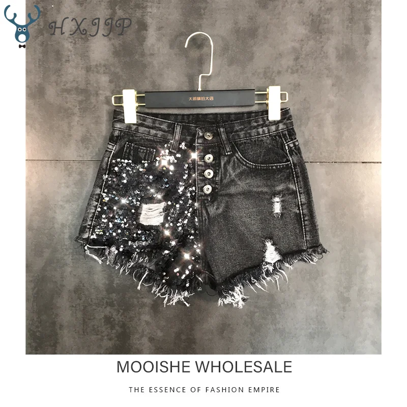 

HXJJP Sequins Women Denim Shorts Stitching Hole Mahogany Washed Denim Shorts Female 2019 Spring New Bottom