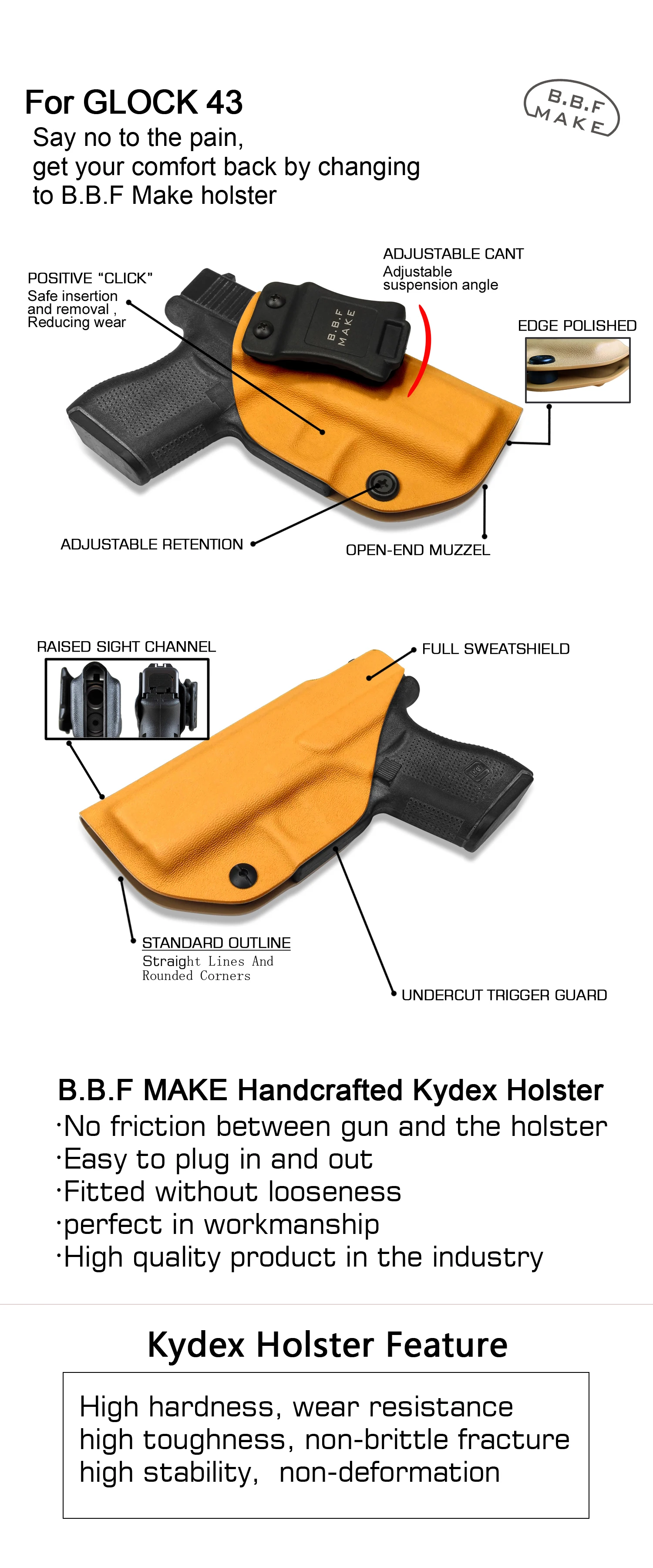 B.B.F Make IWB KYDEX кобура на заказ подходит: Глок 43 Глок 43X пистолет кобура внутри скрытый кейс для пистолета пистолеты сумка аксессуары