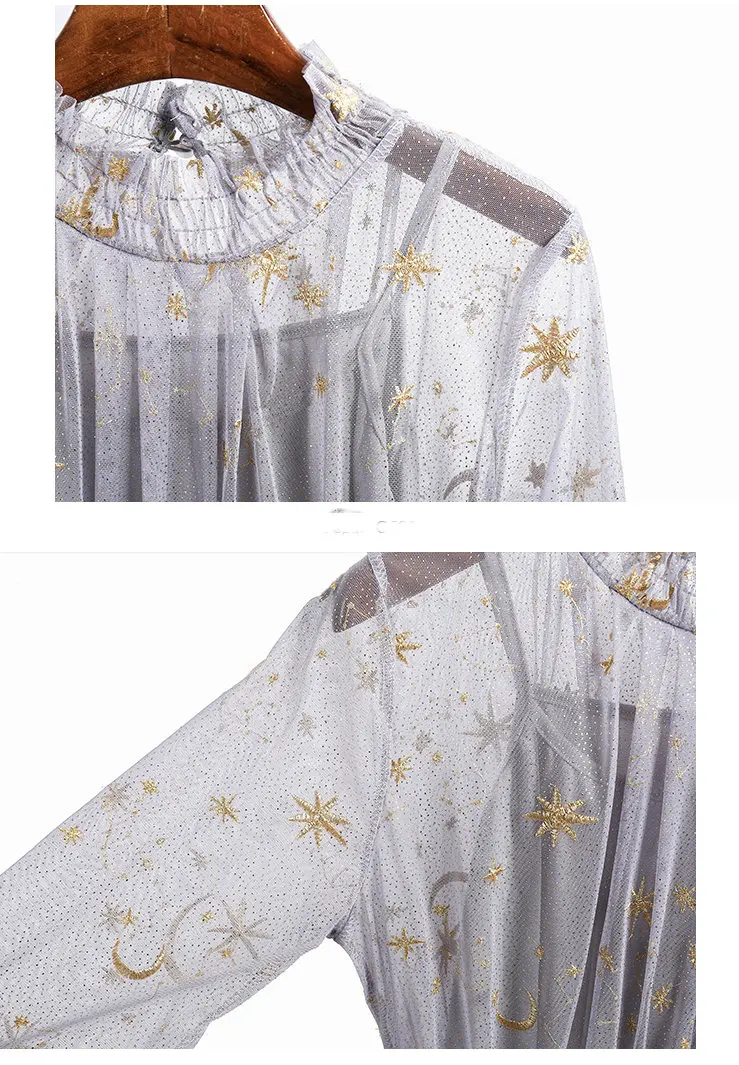 Новинка весны, женское кружевное платье с вышивкой в виде звезд, женское Сетчатое платье со стоячим воротником и рукавами-фонариками, женские платья, комплект из 2 предметов