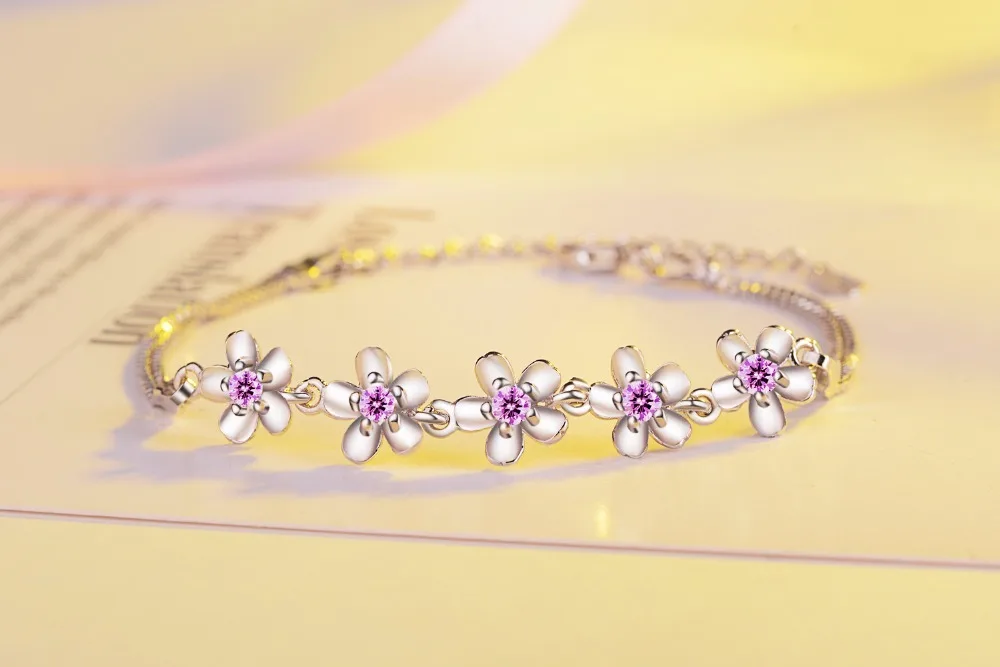 럭셔리  팔찌 보라색 지르코니아 매화 꽃 팔찌 & Bangles 여성용 Pulseira De Prata S-b51