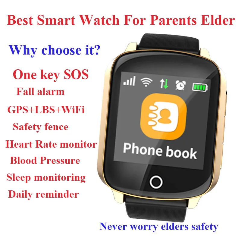 

Elderly Smart Watch GPS+LBS+WIFI Positioning Fall Anti-lost Heart Rate Blood Pressure Smart watch IP68 Waterproof Watch pk D100