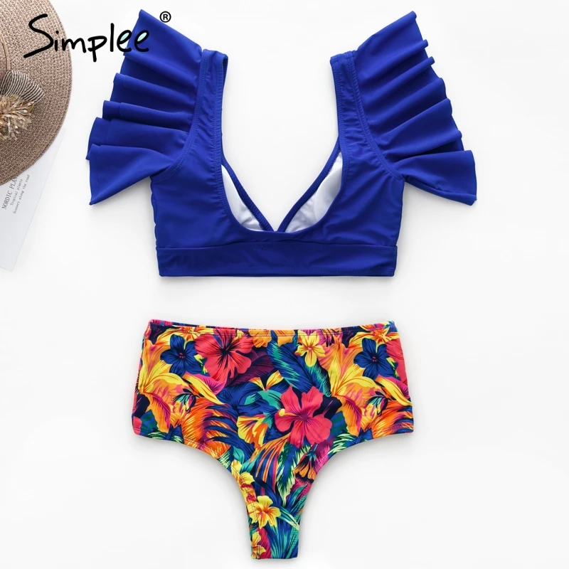 Simplee Vintage print two pieces women bra sets Deep v ruffles high waist bathing suit swimwear Push up sexy elegant lingerie