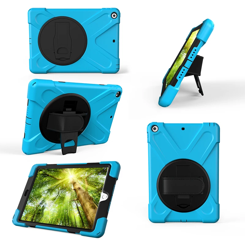 

360 Degree Rotating Kids Safe Silicone Shockproof Case with Wrist Strap and Kickstand for Apple New iPad 9.7 2017 Tablet + Pen
