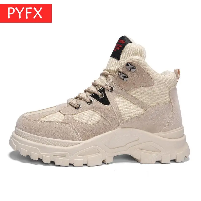 

2019 autumn winter men's fashion high-grade black leather boots casual high help Korean casual desert boots beige Shoes Leather