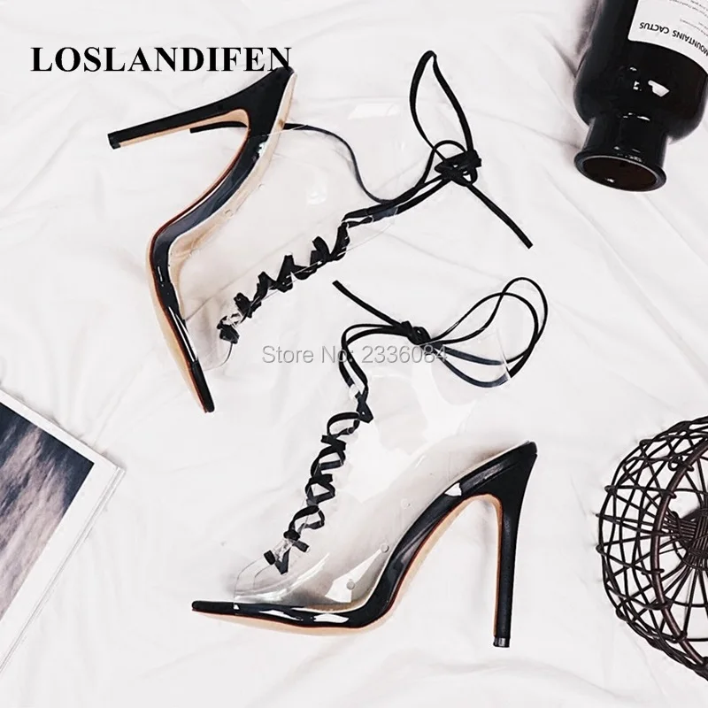 

LOSLANDIFEN 2018 Summer Clear PVC Ankle Boots Lace Up Peep Toes Short Boots High Heel Slingback Sandal Boots Fashion Woman Shoes