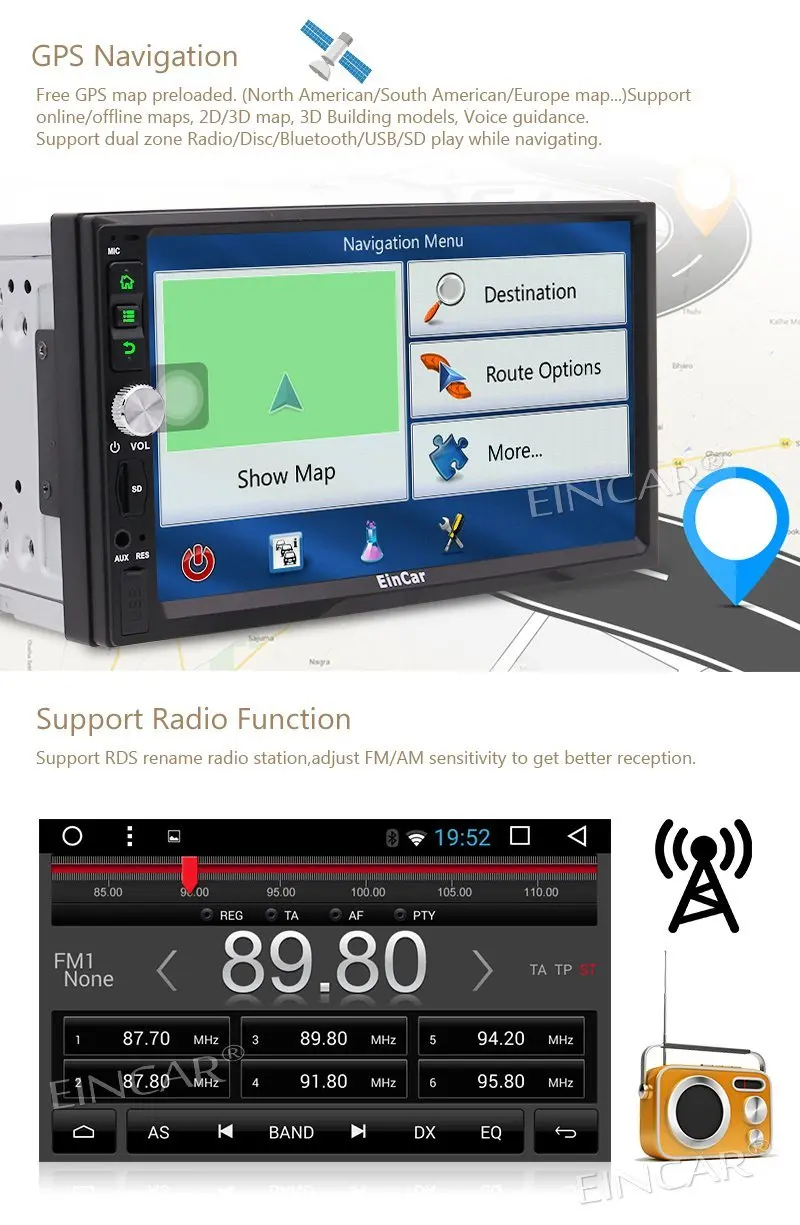 EinCar Android7.1 автомобильная стереосистема Радио 7 ''двойной Din в приборной панели