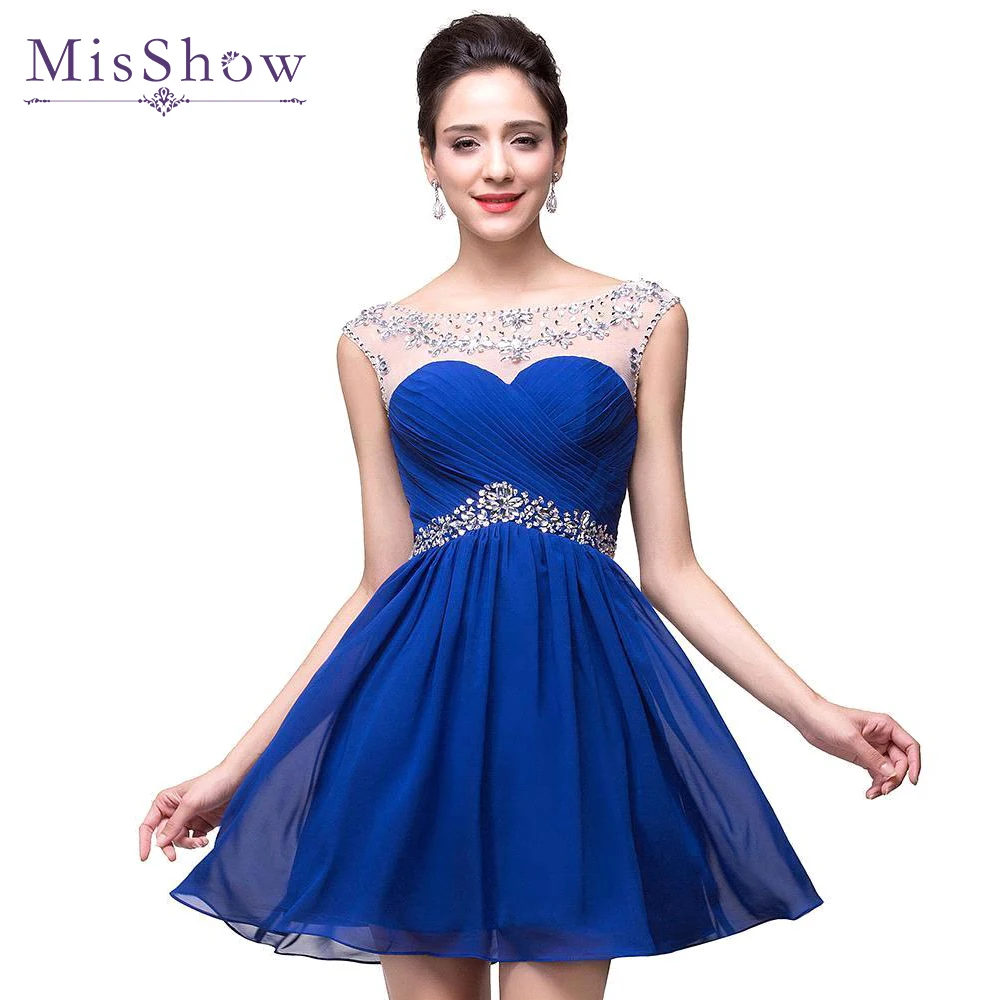 Real Photos Short Blue Dresses Sheer Neck With Beading