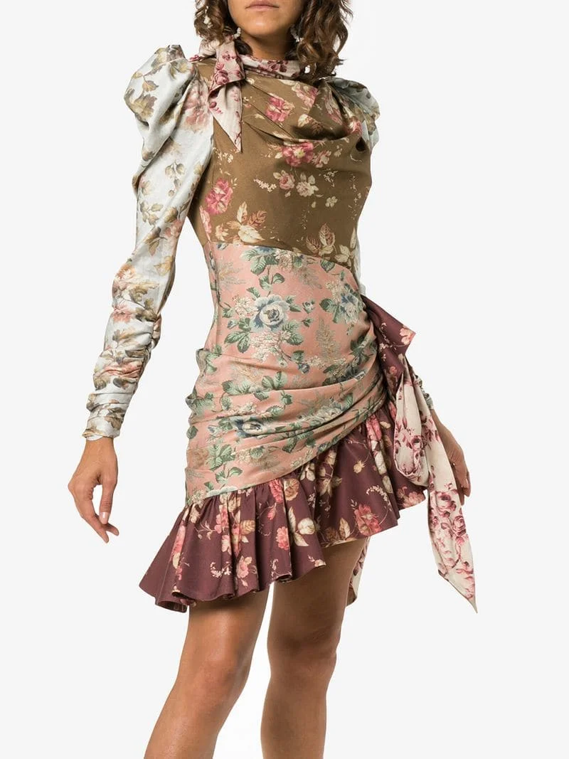 

Fashion Runway 2018 Women Tempest Tucked Contour Floral Print Patwork Asymmetric Ruffle Mini Dress With Draped & Ruchd Detail
