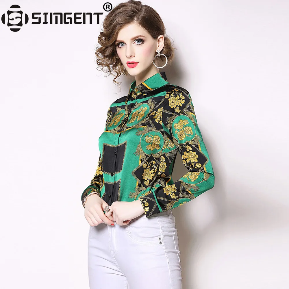 Simgent модная весенняя рубашка с длинным рукавом и отложным воротником, Повседневная элегантная рубашка с принтом, женские топы, блузки, зеленые Блузы SG812251