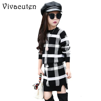 

2020 Spring Cute Girls Clothing Sets Kids Plaid Sweaters Skirts 2Pcs Children Outfits Warm Kids Girls Tops 4-13 Years Knitwear