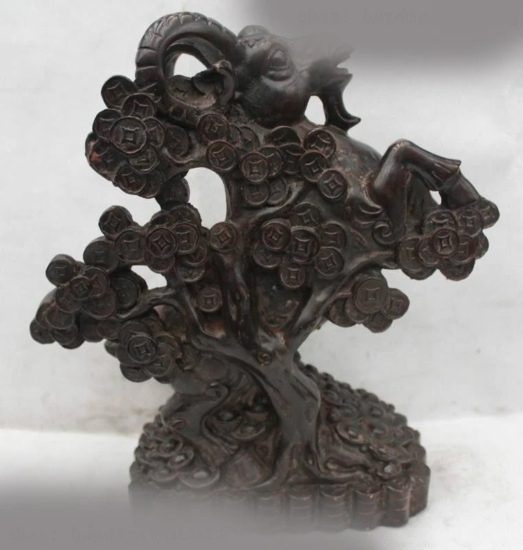 

11"China Chinese Folk Bronze Lucky Money drawing Tree Sheep Statue sculpture