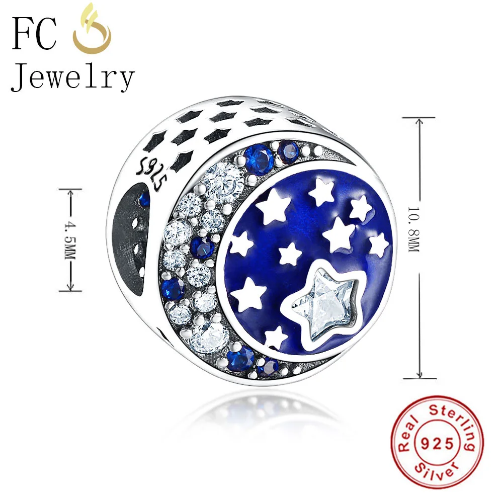 FC ювелирное изделие, браслет Pandora, 925 пробы, серебро, луна, звезда, синяя эмаль, небо, натуральный камень, бусина, изготовление, Berloque