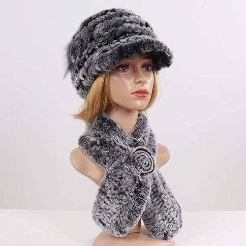 grey Новинка, модная меховая шапка для девушек, женская зимняя шапка, натуральный настоящий мех кролика, шапка, шарф, люкс Качество, женская шапка из натурального меха, глушитель - Цвет: grey