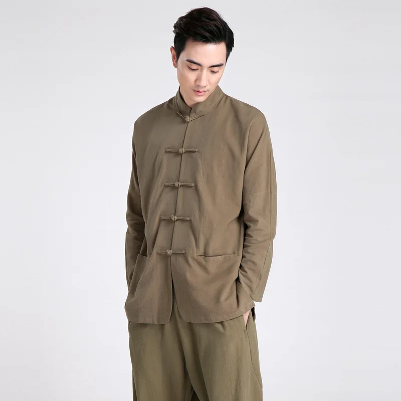 Summer New Green Chinese Traditional Men s Mandarin Collar Solid Linen Long Sleeve Kung Fu Shirt