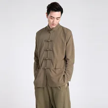 Summer New Green Chinese Traditional Men s Mandarin Collar Solid Linen Long Sleeve Kung Fu Shirt