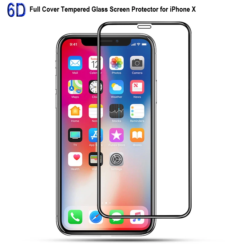 

6D Full Cover Tempered Glass Screen Protector for iPhone X Anti-Explosion 9H Glass Film for iPhone 10 Full Body Film Black