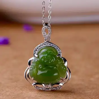 

Hetian Biyu Silver Inlay Pendant Maitreya Buddha Pendant j8#