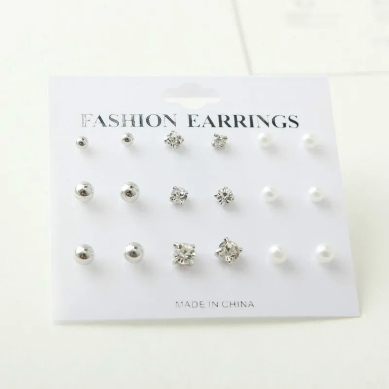 

RONGBIN New 9 Pairs/lot Crystal Pearl Stud Earrings Piercing Gold Color 2016 Fashion Earrings For Women Bijoux Jewelry Brincos